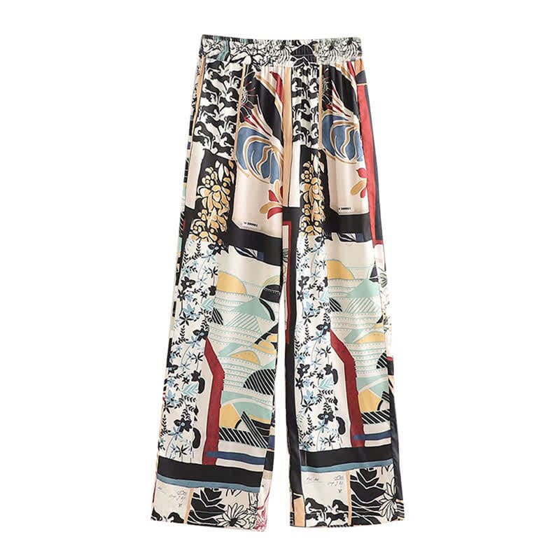 Colorblock Print Cardigan Kimono Outerwear Wide Leg Pants