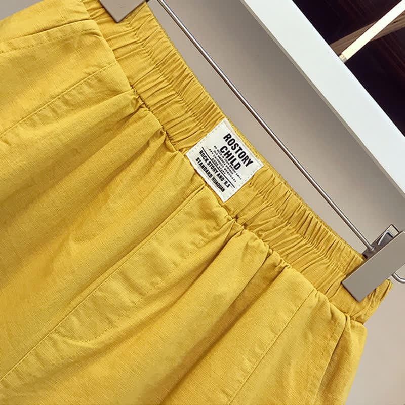 Colorblock Print V-neck T-Shirt Elastic Yellow Shorts Set