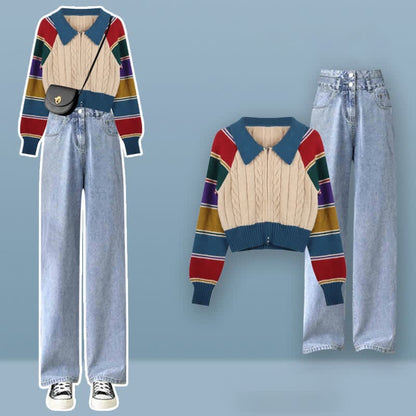 Colorblock Stripe Cardigan Sweater Pants Set - Sweater