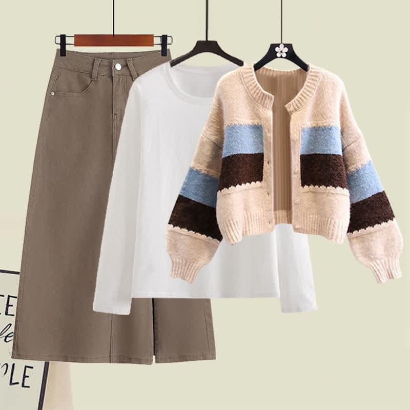 Colorblock Stripe Cardigan Sweater Shirt Denim Skirt - Set