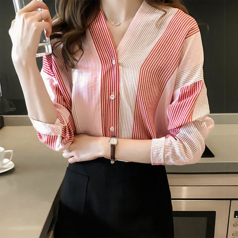 Colorblock Stripe Print Long Sleeve Shirt - Pink / M