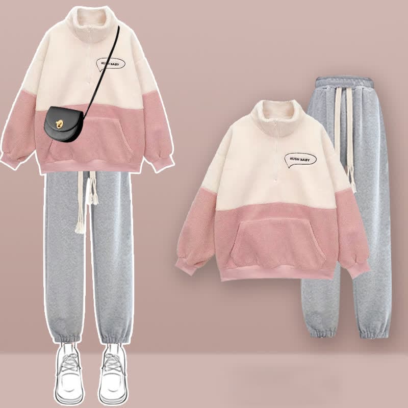 Colorblock Zipper Plush Sweatshirt Plush Pant Set - Set