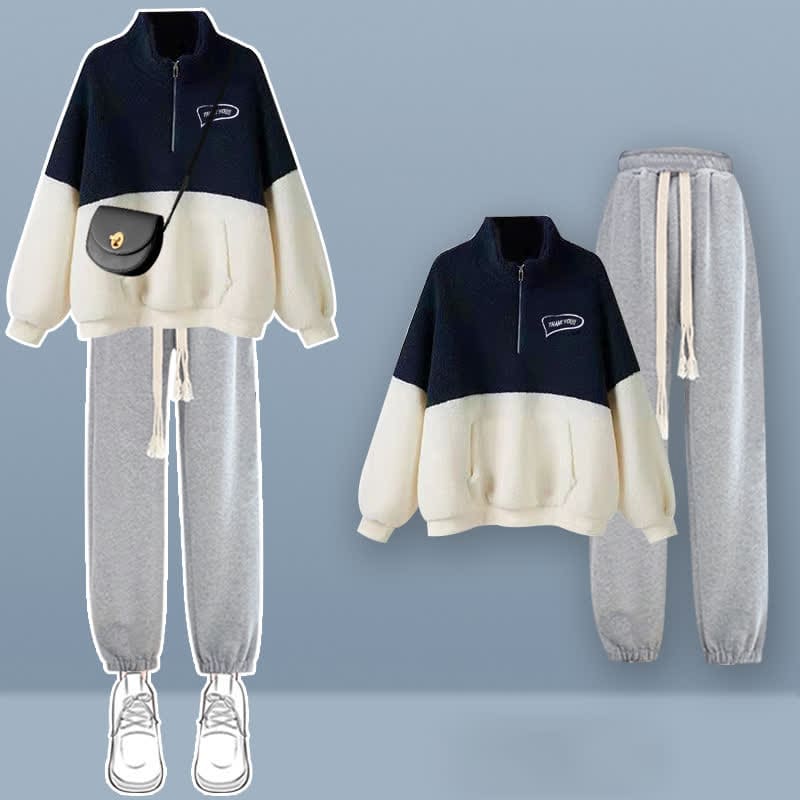 Colorblock Zipper Plush Sweatshirt Plush Pant Set - Set C