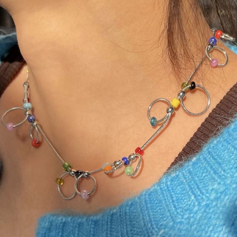 Colorful Beaded Chain Choker - Standart / Silver - Necklace