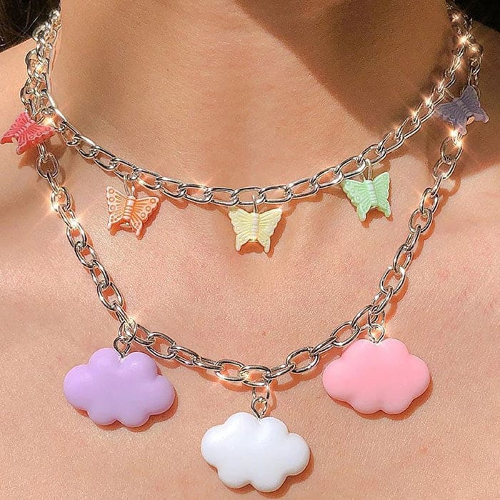 Colorful Butterfly & Clouds Necklace - Necklace