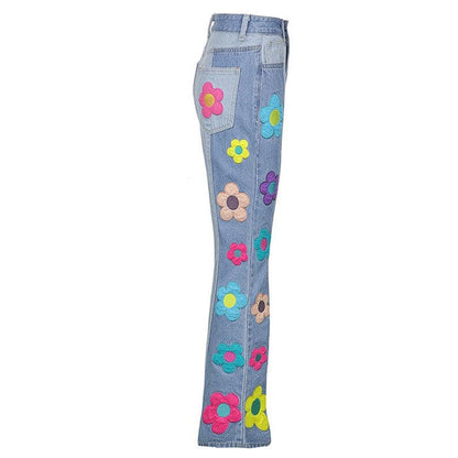 Colorful Flowers Denim Jeans - Jeans