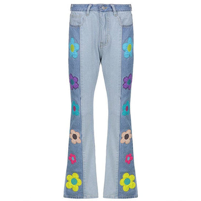 Colorful Flowers Denim Jeans - M / Blue - Jeans