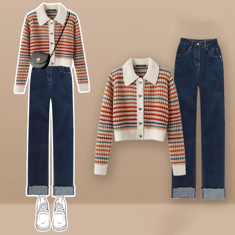 Colorful Stripe Rainbow Cardigan Casual Pants - Set B / M