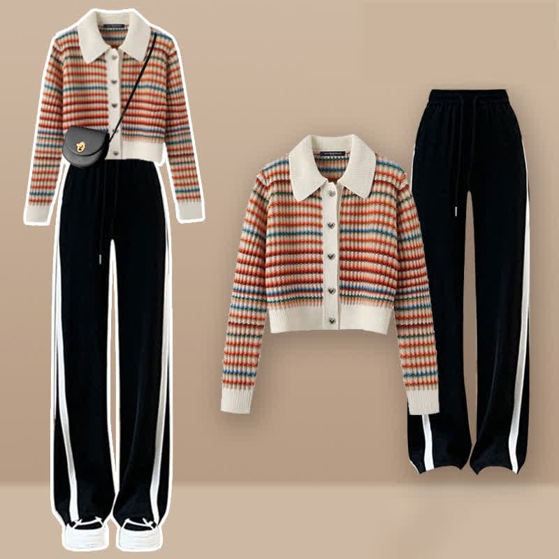 Colorful Stripe Rainbow Cardigan Casual Pants - Set C / M