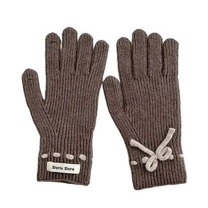 Comfortable Bow Knit Gloves - Brown - Other