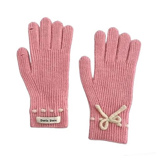 Comfortable Bow Knit Gloves - Pink - Other