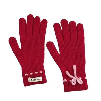 Comfortable Bow Knit Gloves - Red - Other