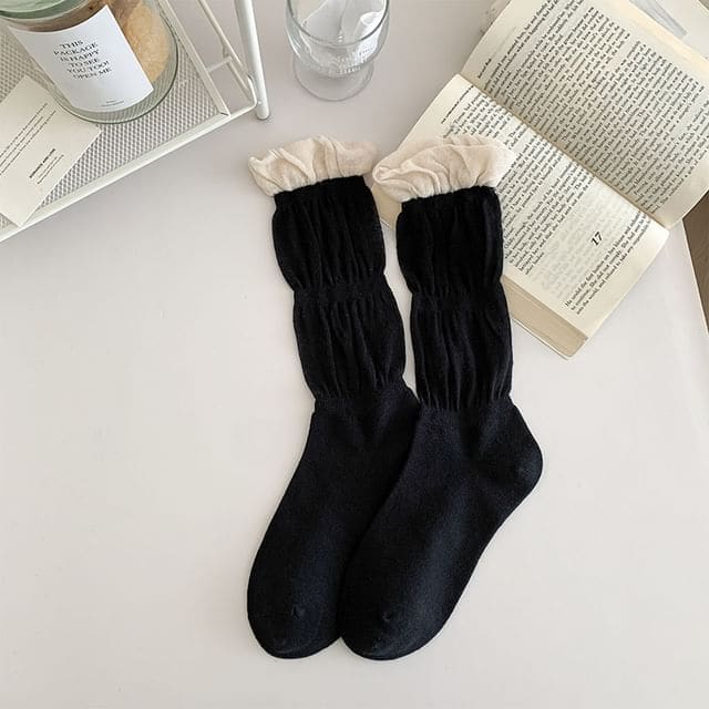 Contrast Frill Trim Mid-Calf Socks - Black / One Size