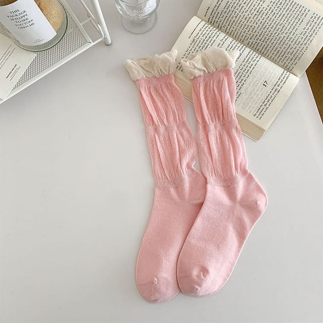 Contrast Frill Trim Mid-Calf Socks - Pink / One Size