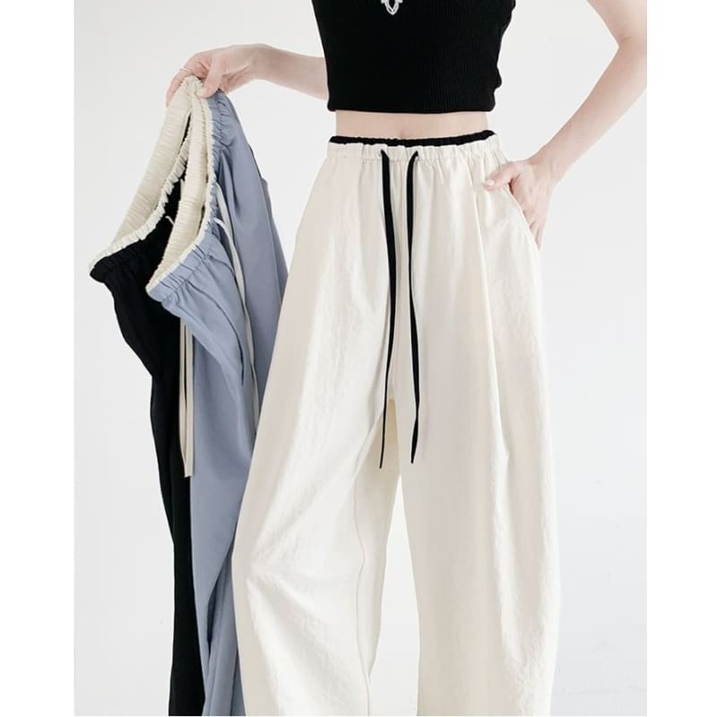 Contrast Panel Drawstring High Rise Wide Leg Sweatpants