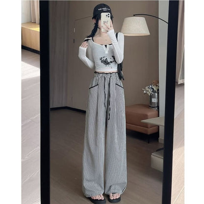 Contrast Panel Pocket Drawstring High Waist Wide Leg Pants