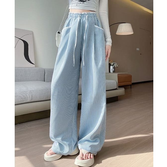 Contrast Panel Pocket Drawstring High Waist Wide Leg Pants