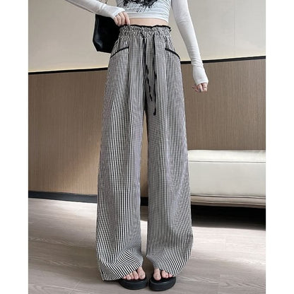 Contrast Panel Pocket Drawstring High Waist Wide Leg Pants