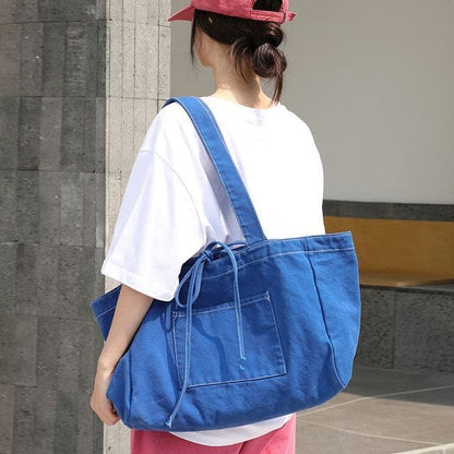 Contrast Stitch Canvas Tote Bag - Blue / One Size