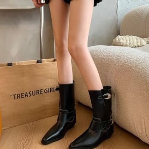 Contrast Stitching Buckled Mid-Calf Boots