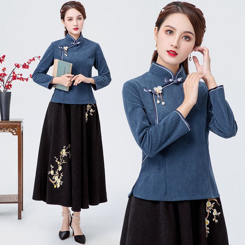 Contrast Trim Blouse / Flower Embroidered Midi