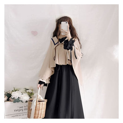 Contrast Trim Cape / Long-Sleeve Collared Plain Midi A-Line