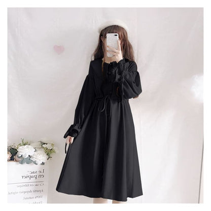 Contrast Trim Cape / Long-Sleeve Collared Plain Midi A-Line