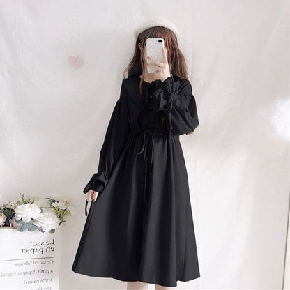 Contrast Trim Cape / Long-Sleeve Collared Plain Midi A-Line