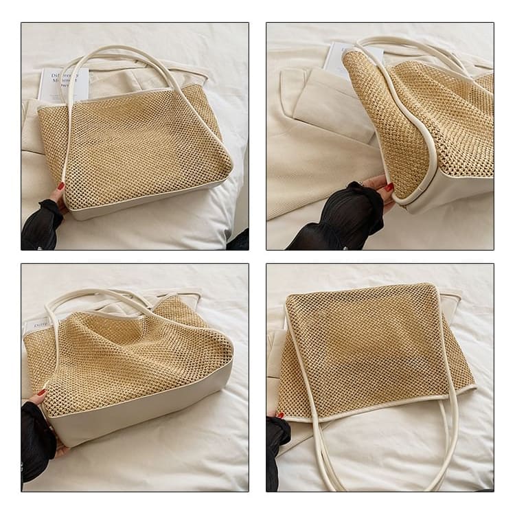 Contrast Trim Perforated Woven Tote Bag