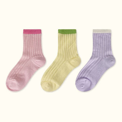 Contrast Trim Pointelle Knit Socks / Set - Type 02 - Set