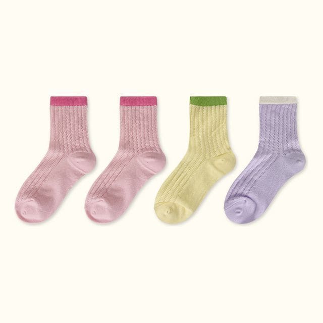 Contrast Trim Pointelle Knit Socks / Set - Type 09 - Set