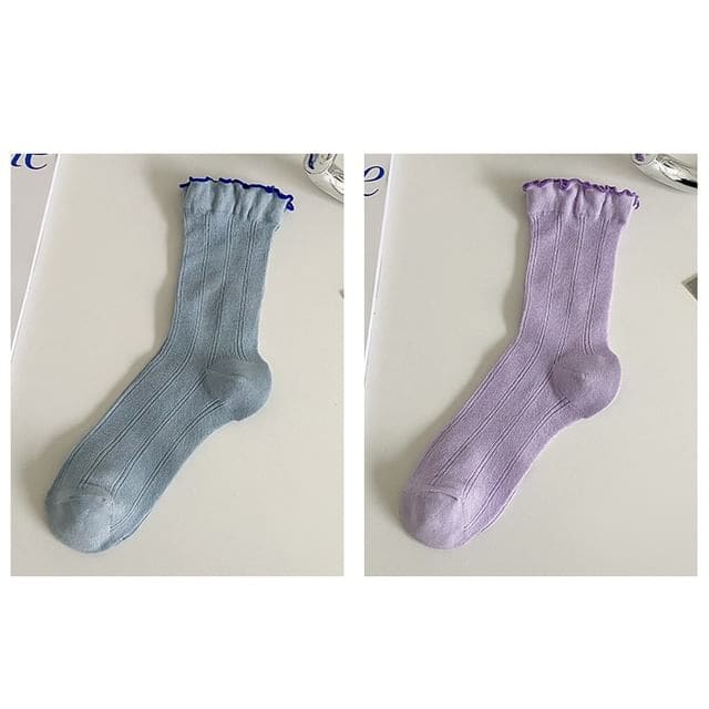 Contrast Trim Socks Set - Set Of 2 Pairs - Blue & Purple