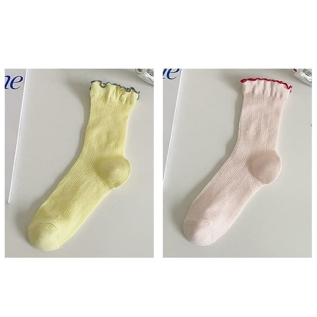 Contrast Trim Socks Set - Set Of 2 Pairs - Yellow & Pink