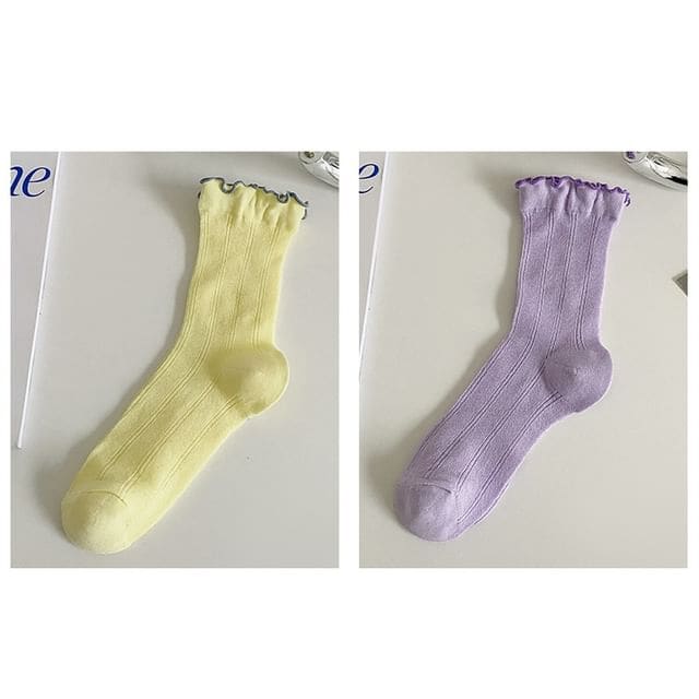 Contrast Trim Socks Set - Set Of 2 Pairs - Yellow & Purple