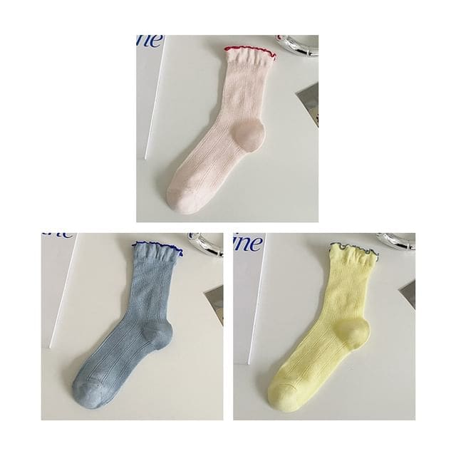 Contrast Trim Socks Set - Set Of 3 Pairs- Pink & Blue &