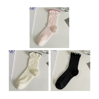 Contrast Trim Socks Set - Set Of 3 Pairs- Pink & White &