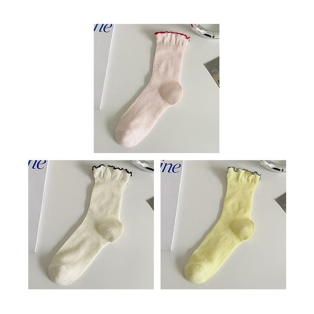 Contrast Trim Socks Set - Set Of 3 Pairs- Pink & White &