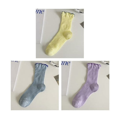 Contrast Trim Socks Set - Set Of 3 Pairs- Yellow & Blue &