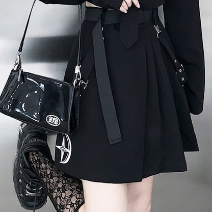 Cool Black Pocket Shirt Pleated Skirt Tie Set