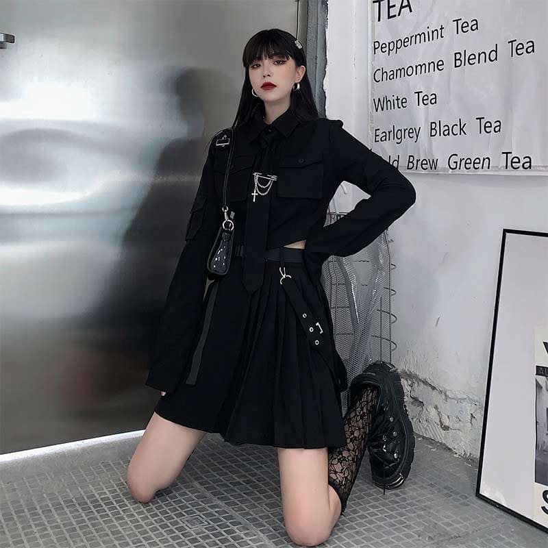 Cool Black Pocket Shirt Pleated Skirt Tie Set