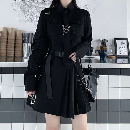 Cool Black Pocket Shirt Pleated Skirt Tie Set