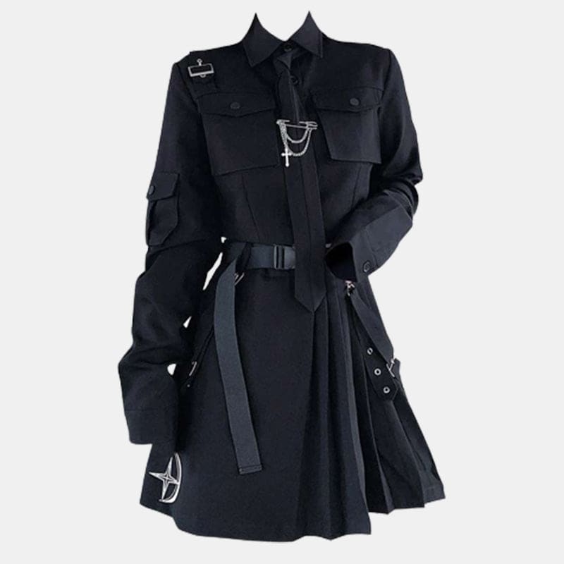 Cool Black Pocket Shirt Pleated Skirt Tie Set - Shirt