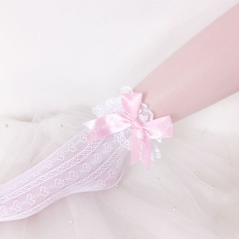 Coquette Jirai Kei Socks ON1454 - White-pink bow