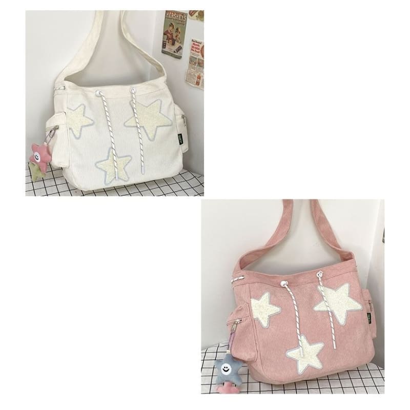 Corduroy Star Applique Drawstring Crossbody Shoulder Bag