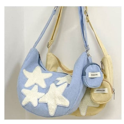 Corduroy Star Applique Zipper Crossbody Pouch With Coin