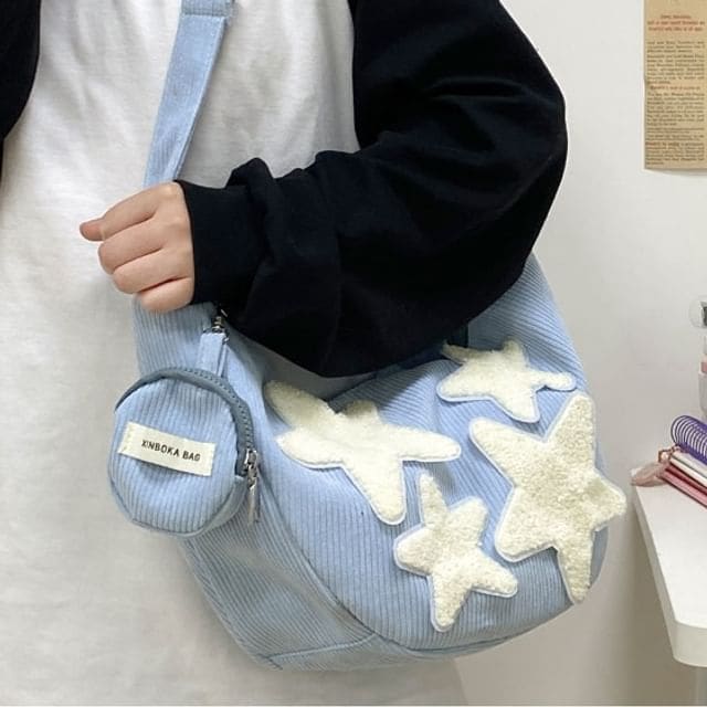 Corduroy Star Applique Zipper Crossbody Pouch With Coin