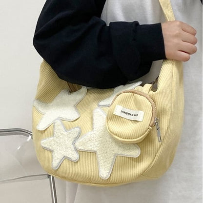 Corduroy Star Applique Zipper Crossbody Pouch With Coin