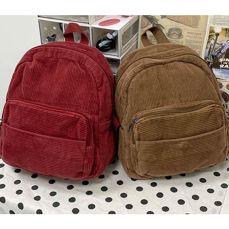 Corduroy Zipper Pocketed Light Backpack