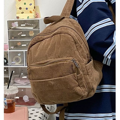 Corduroy Zipper Pocketed Light Backpack - Brown / One Size