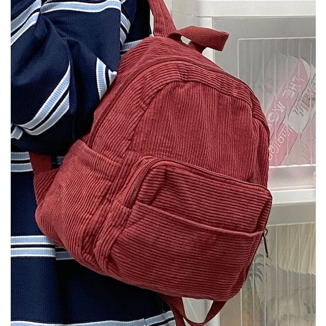 Corduroy Zipper Pocketed Light Backpack - Red / One Size